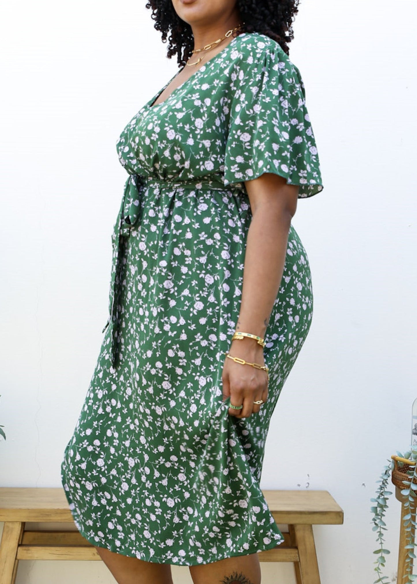 Plus Size Green Maxi Dress with Pink Floral Print