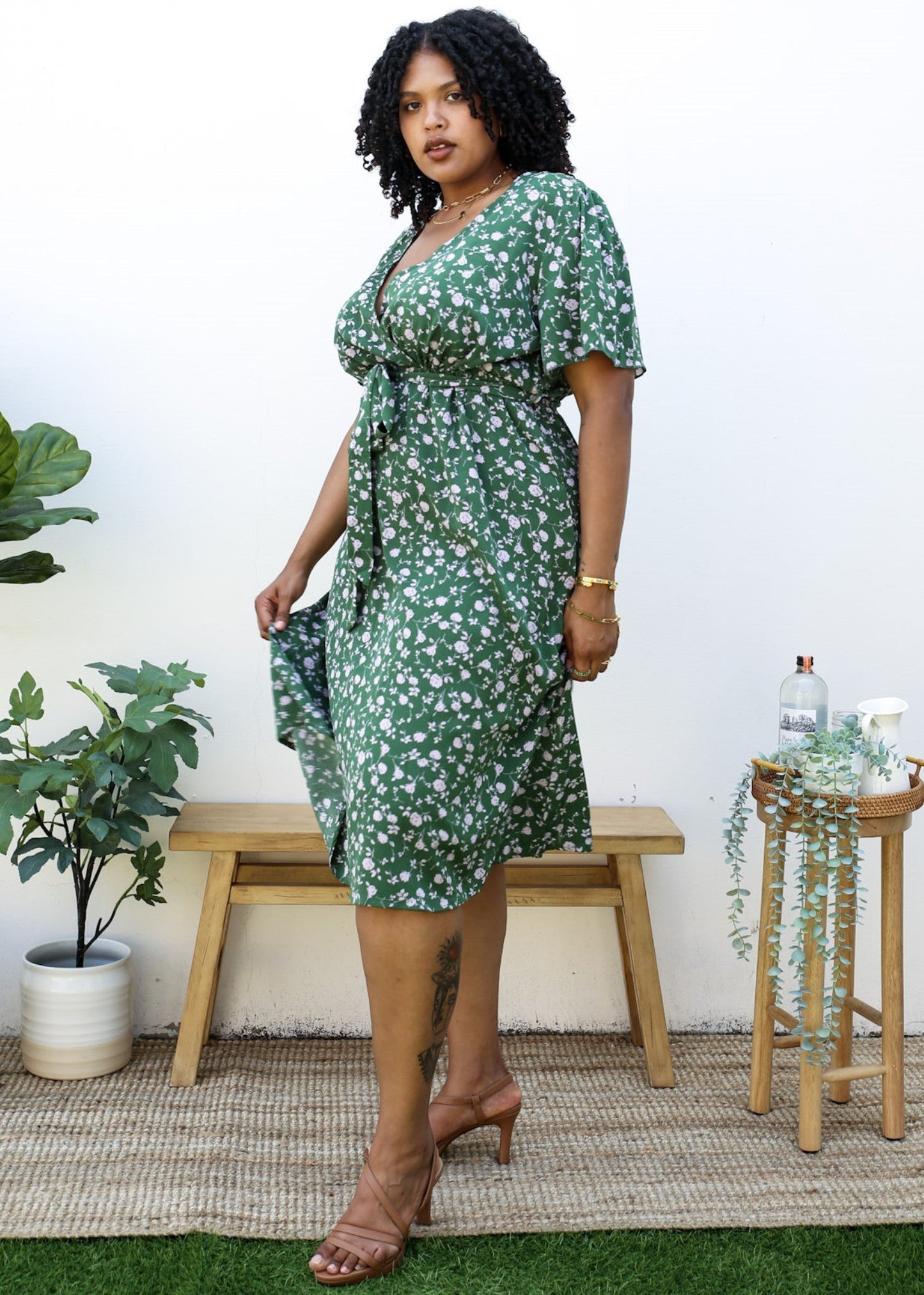 Plus Size Green Maxi Dress with Pink Floral Print