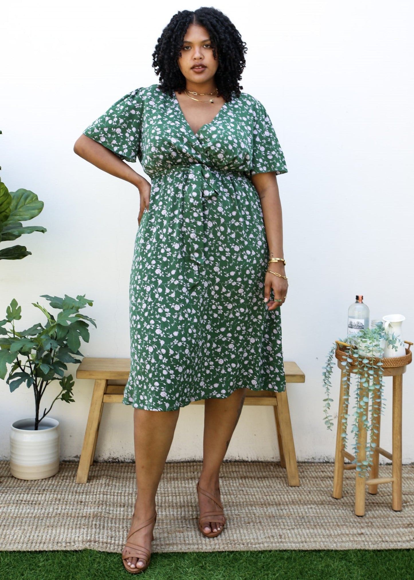 Plus Size Green Maxi Dress with Pink Floral Print