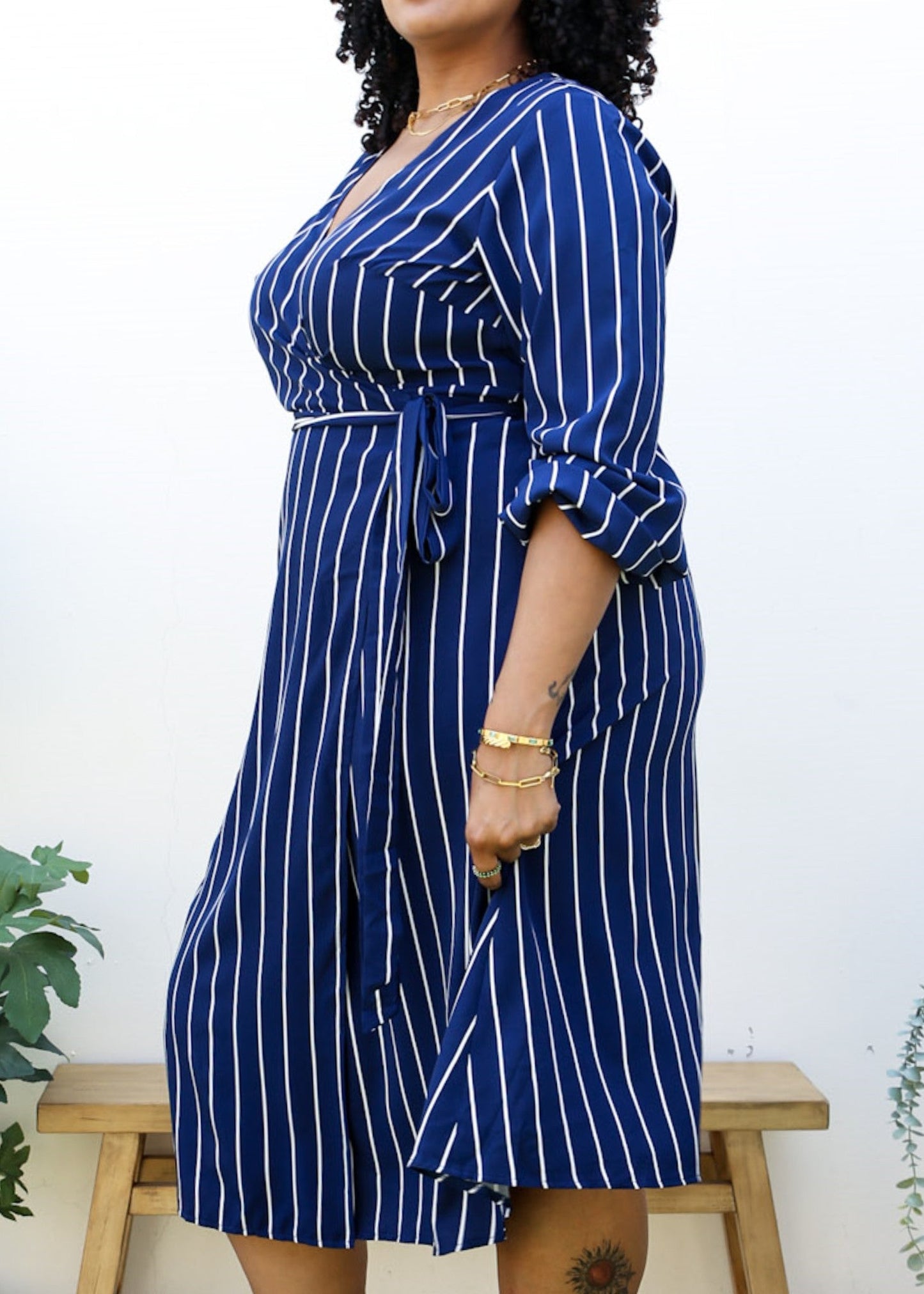 Plus Size White Vertical Stripe V Neck Midi Dress