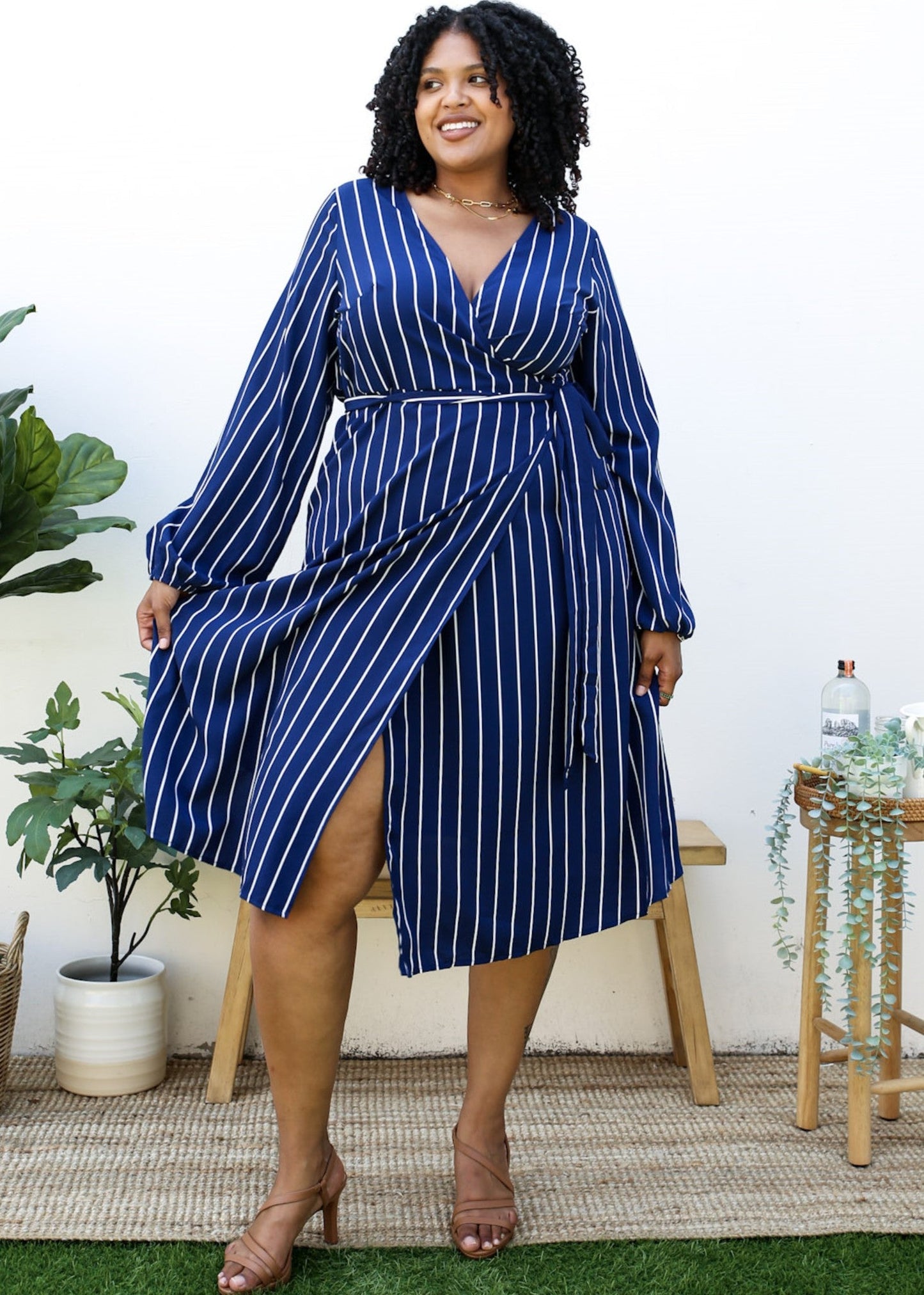 Plus Size White Vertical Stripe V Neck Midi Dress