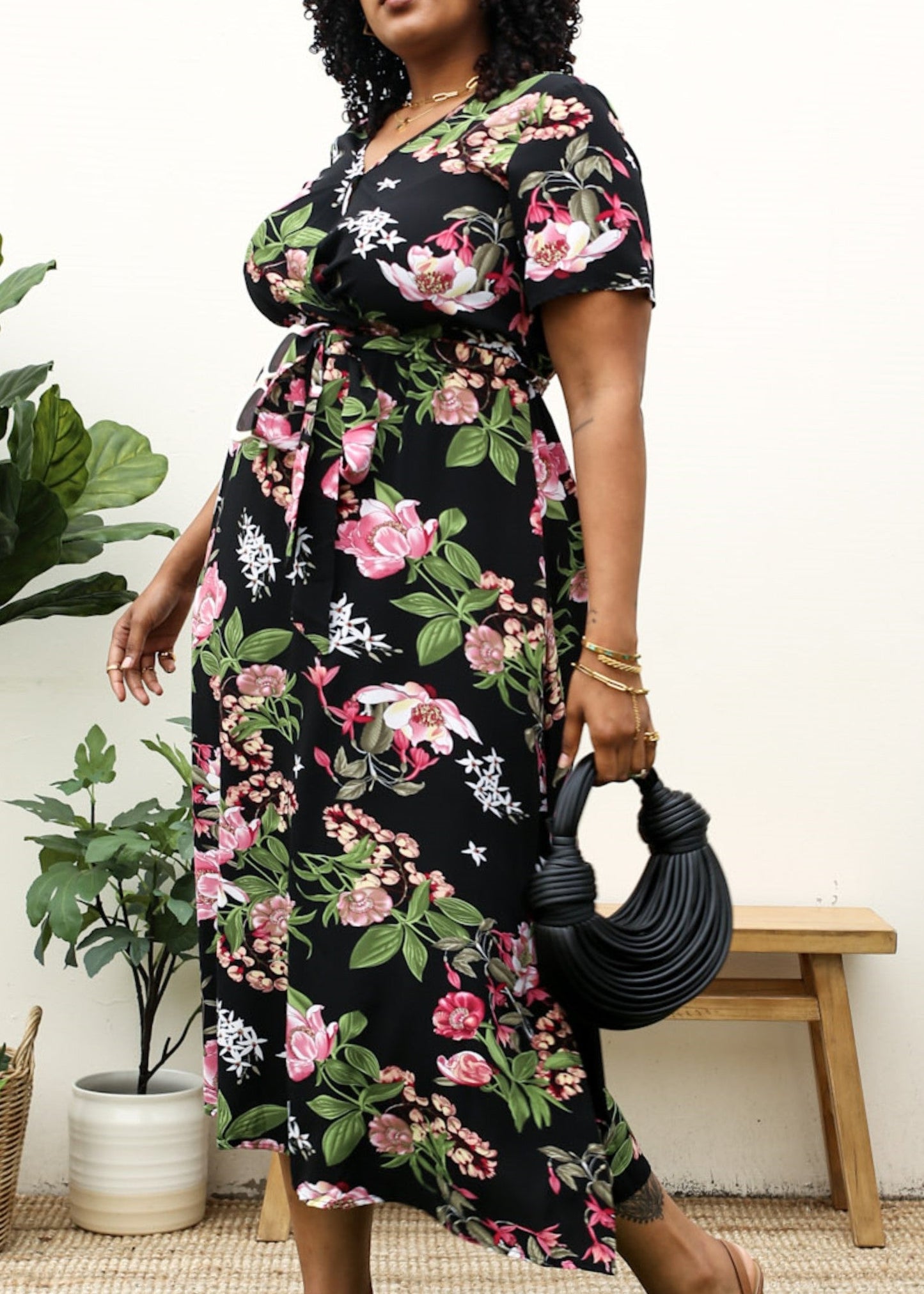 Plus Size Tropical Floral Tie Waist Flowy Maxi Dress