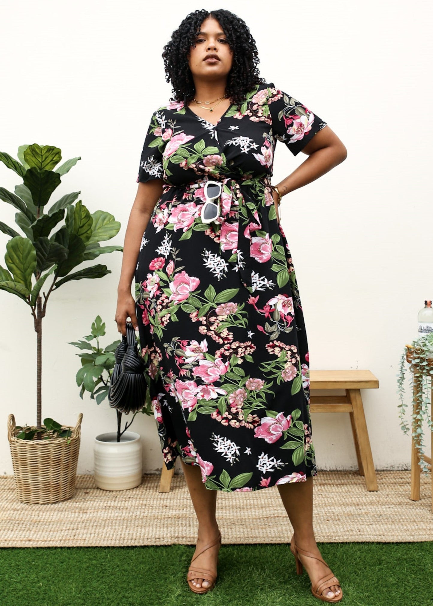 Plus Size Tropical Floral Tie Waist Flowy Maxi Dress