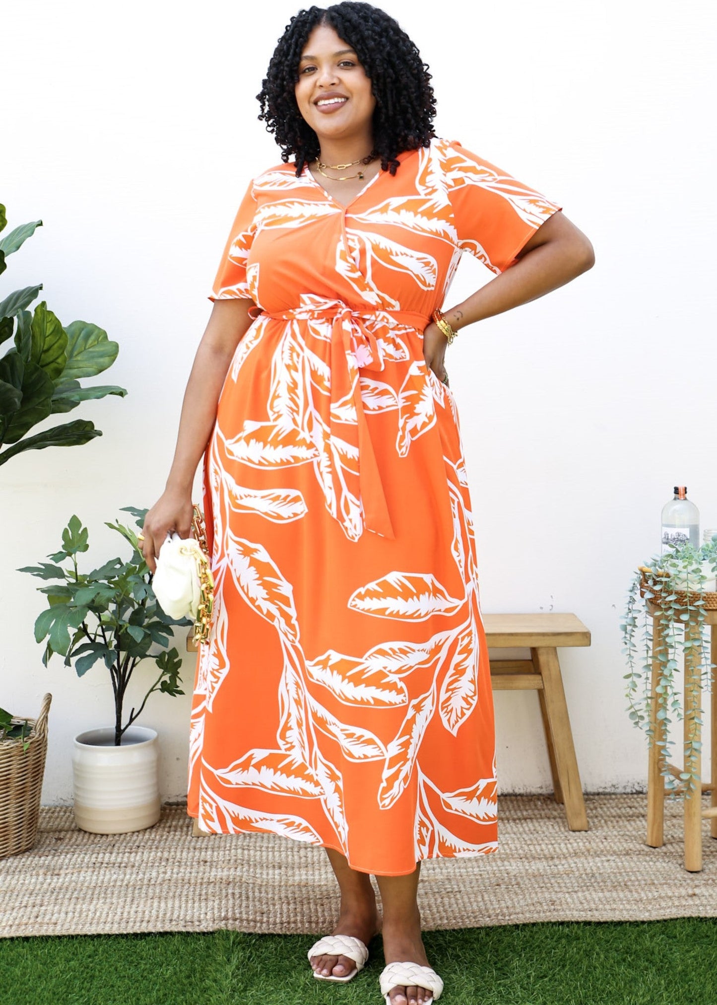 Plus Size Tropical Floral Tie Waist Flowy Maxi Dress