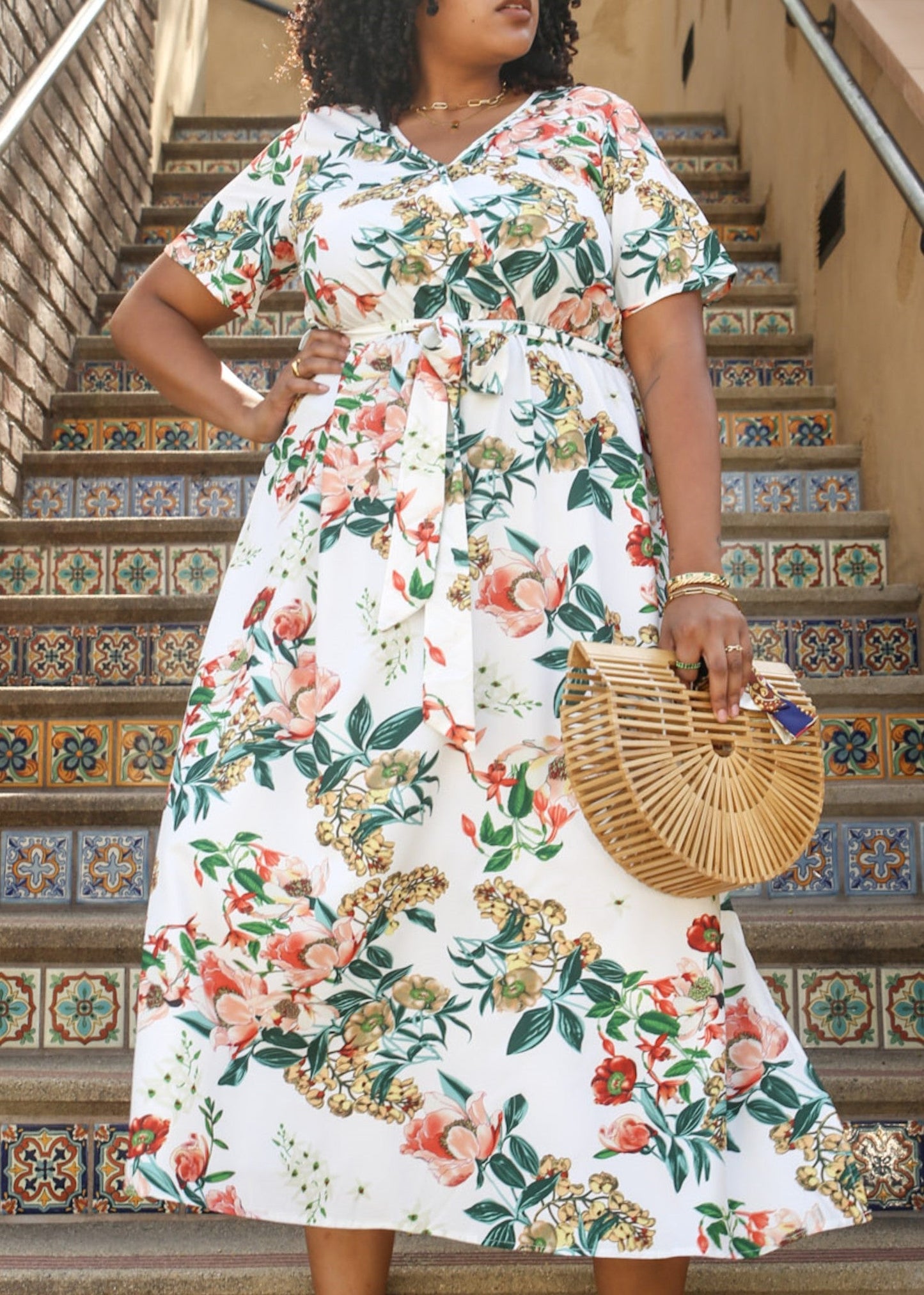 Plus Size Tropical Floral Tie Waist Flowy Maxi Dress