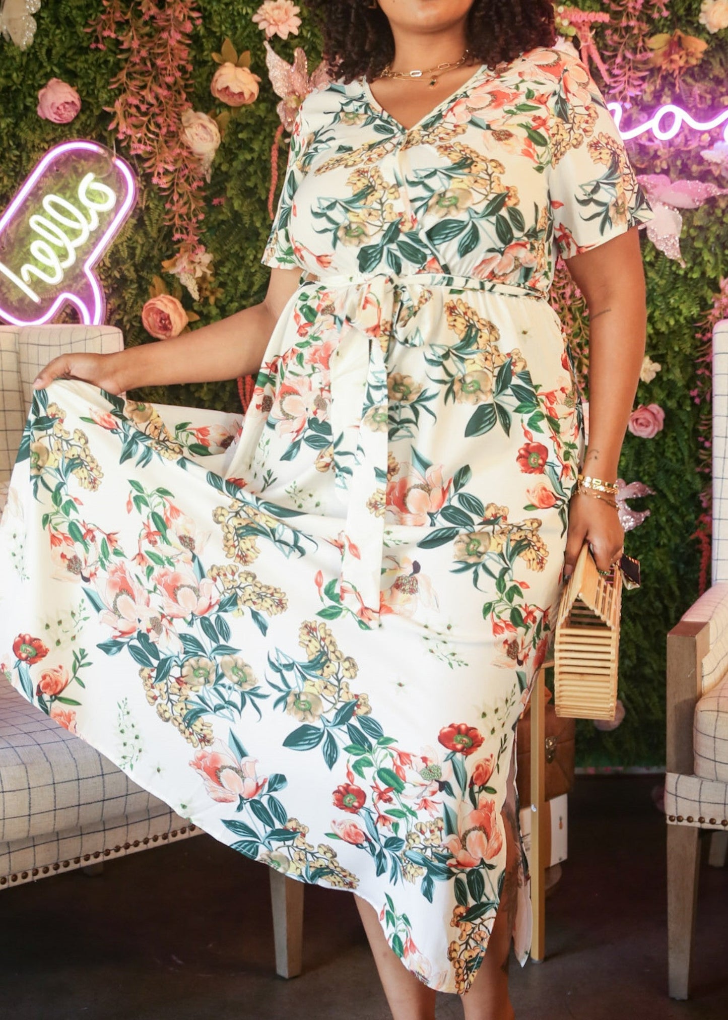 Plus Size Tropical Floral Tie Waist Flowy Maxi Dress