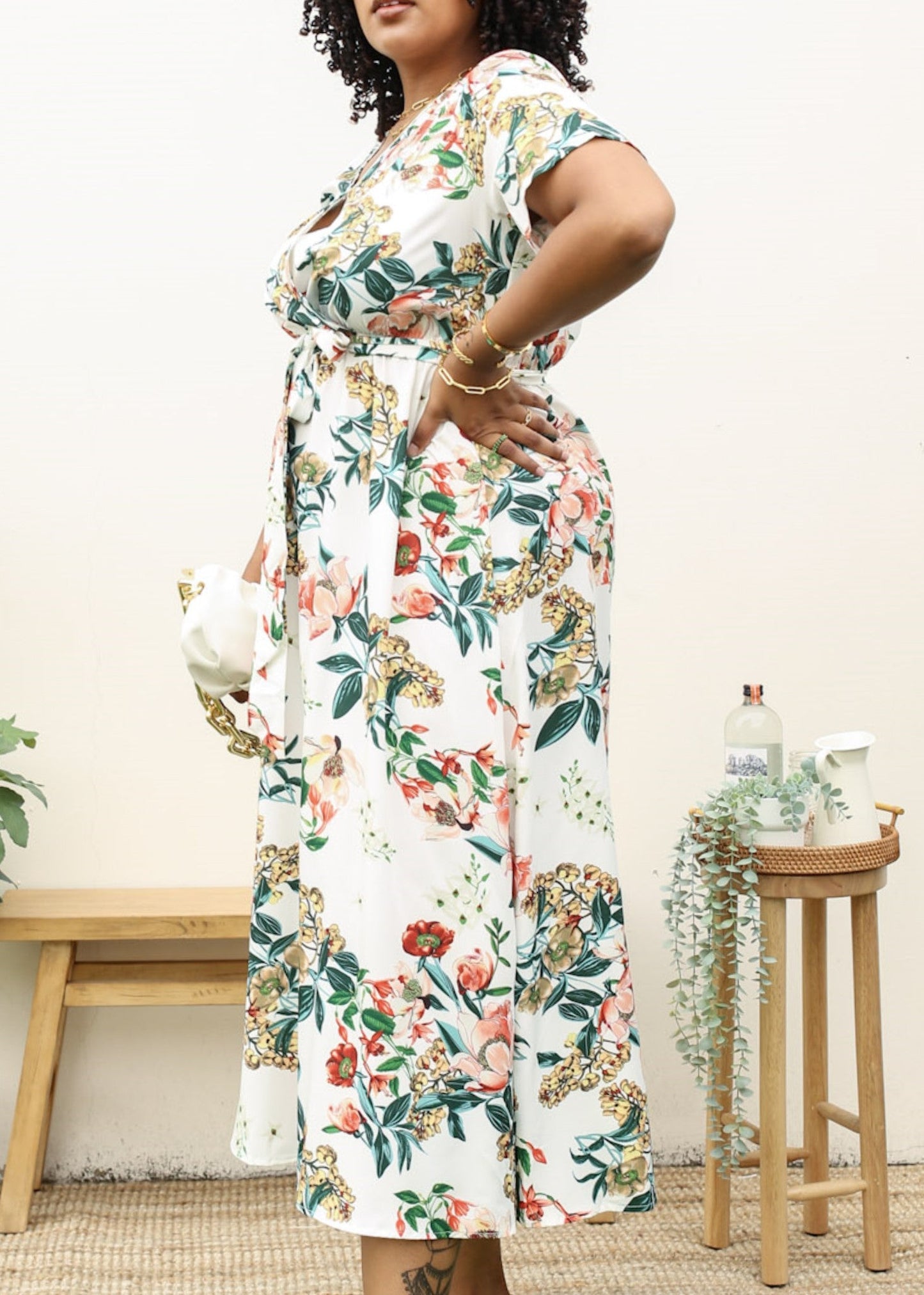 Plus Size Tropical Floral Tie Waist Flowy Maxi Dress