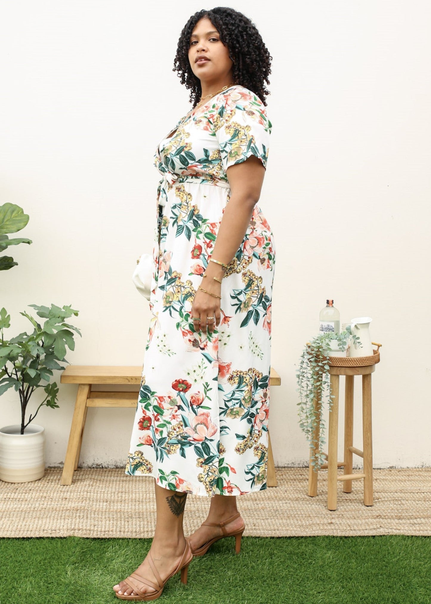 Plus Size Tropical Floral Tie Waist Flowy Maxi Dress