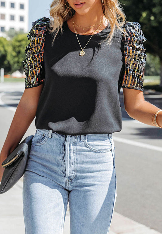 Sequin Puff Sleeve Blouse