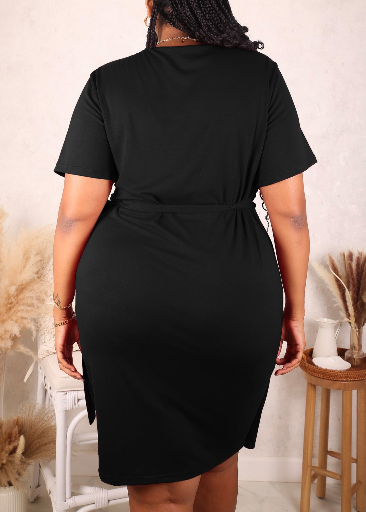 Plus Size Ruched Wrap Dress, Black