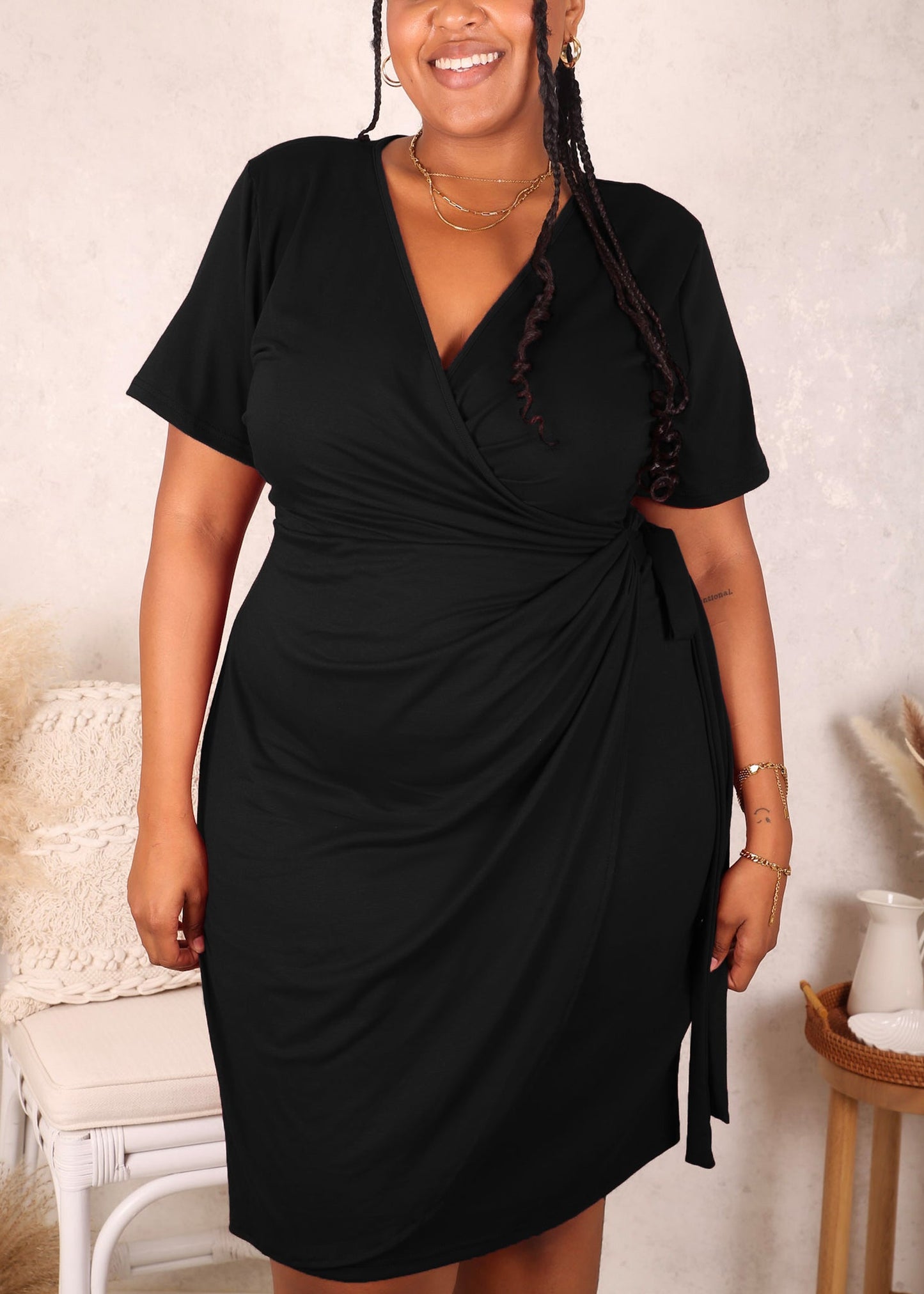 Plus Size Ruched Wrap Dress, Black