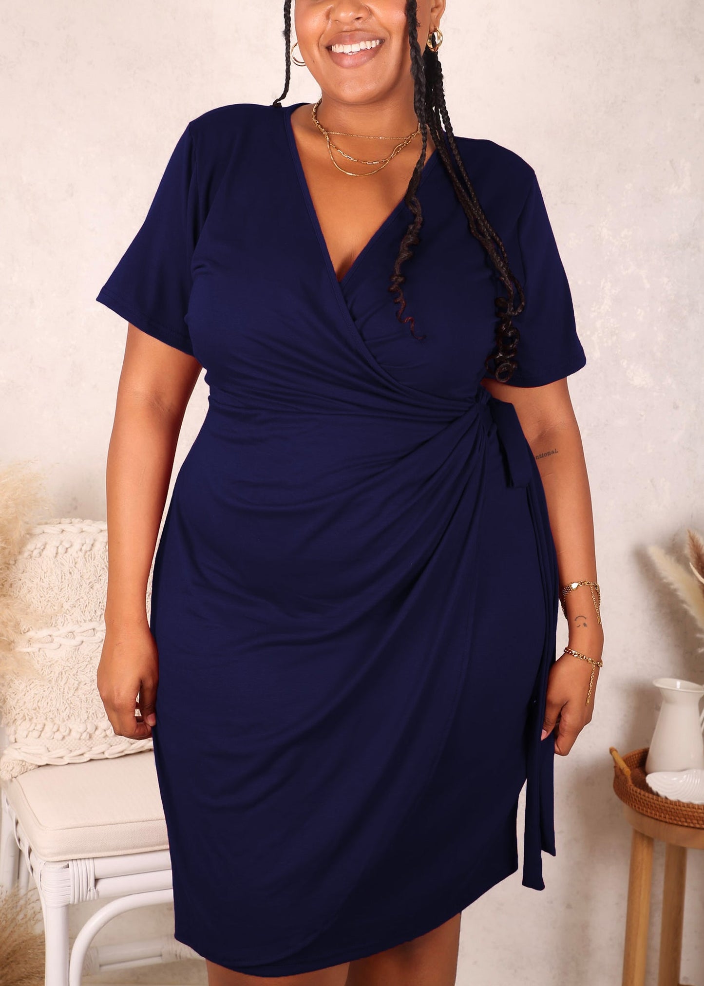 Plus Size Ruched Wrap Dress, Navy