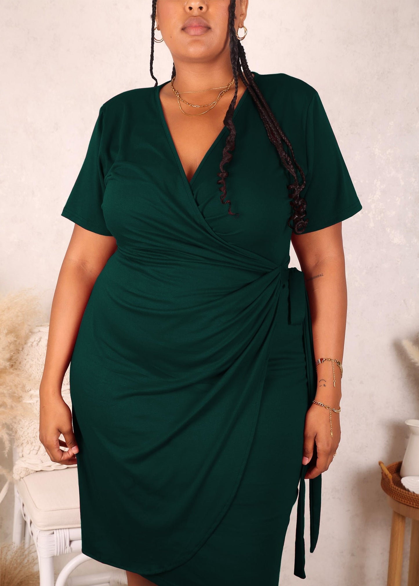 Plus Size Ruched Wrap Dress, Olive Green