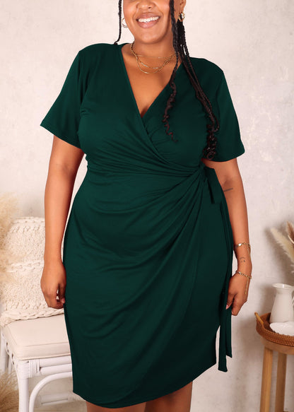 Plus Size Ruched Wrap Dress, Olive Green