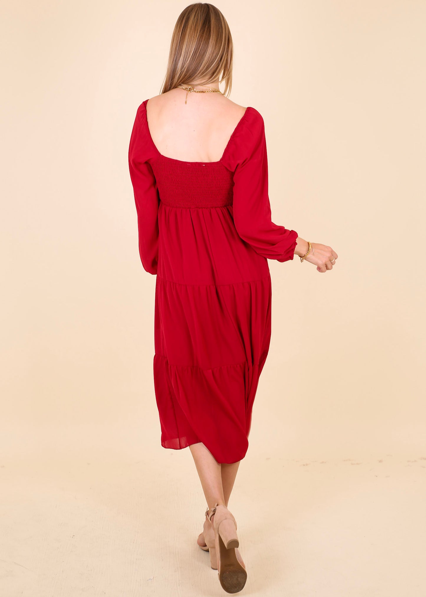 Square Neck Bishop Sleeve Midi Dress