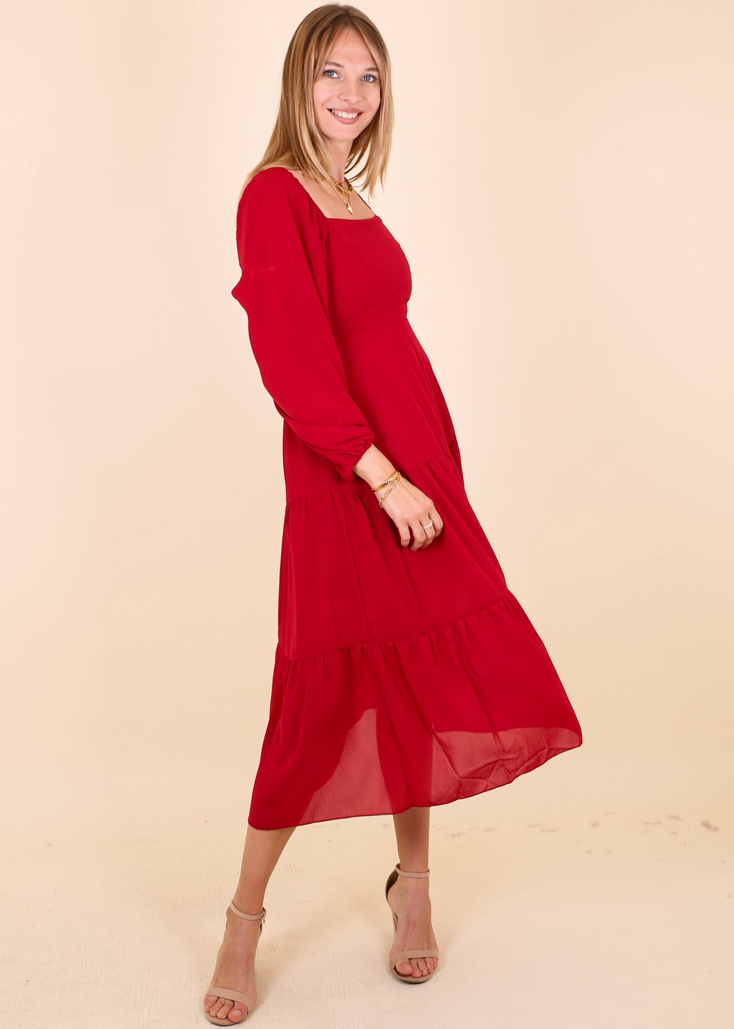 Square Neck Bishop Sleeve Midi Dress