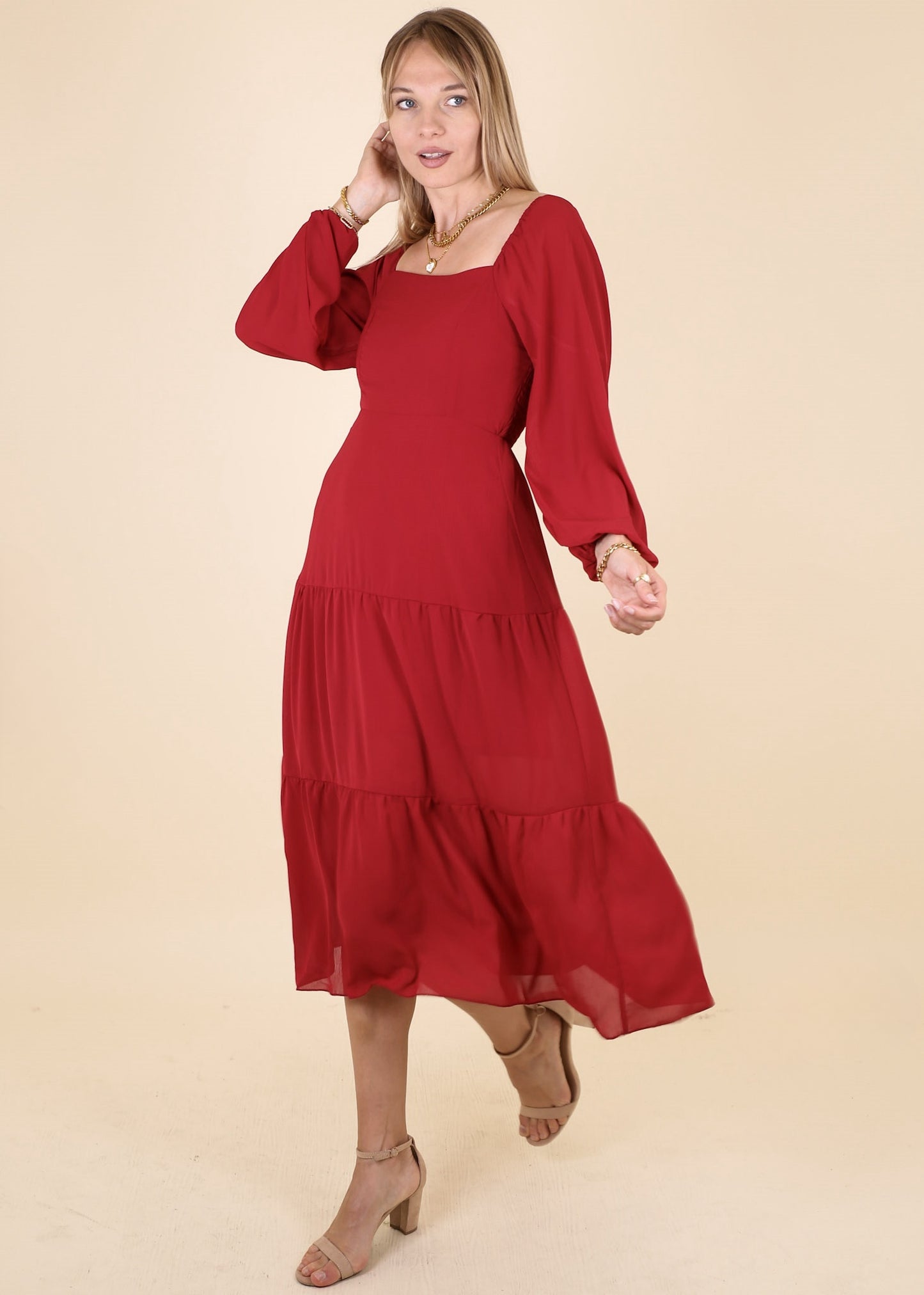 Square Neck Bishop Sleeve Midi Dress