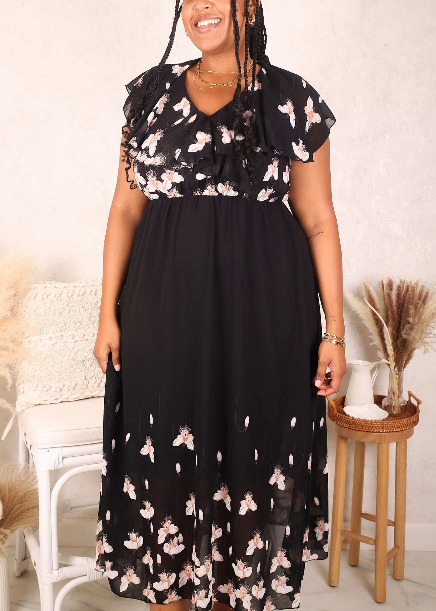 White Petals Floral Maxi Dress, Black