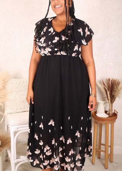 White Petals Floral Maxi Dress, Black