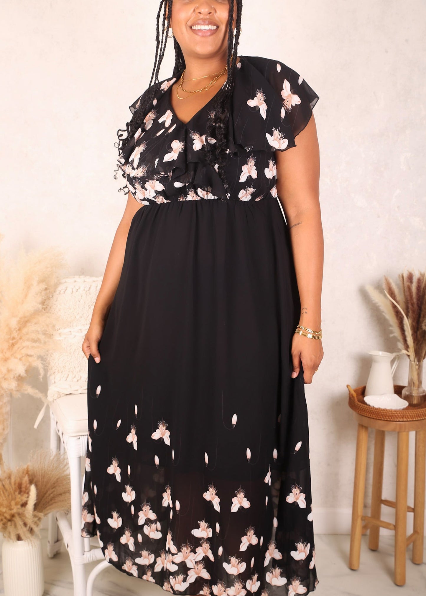 White Petals Floral Maxi Dress, Black