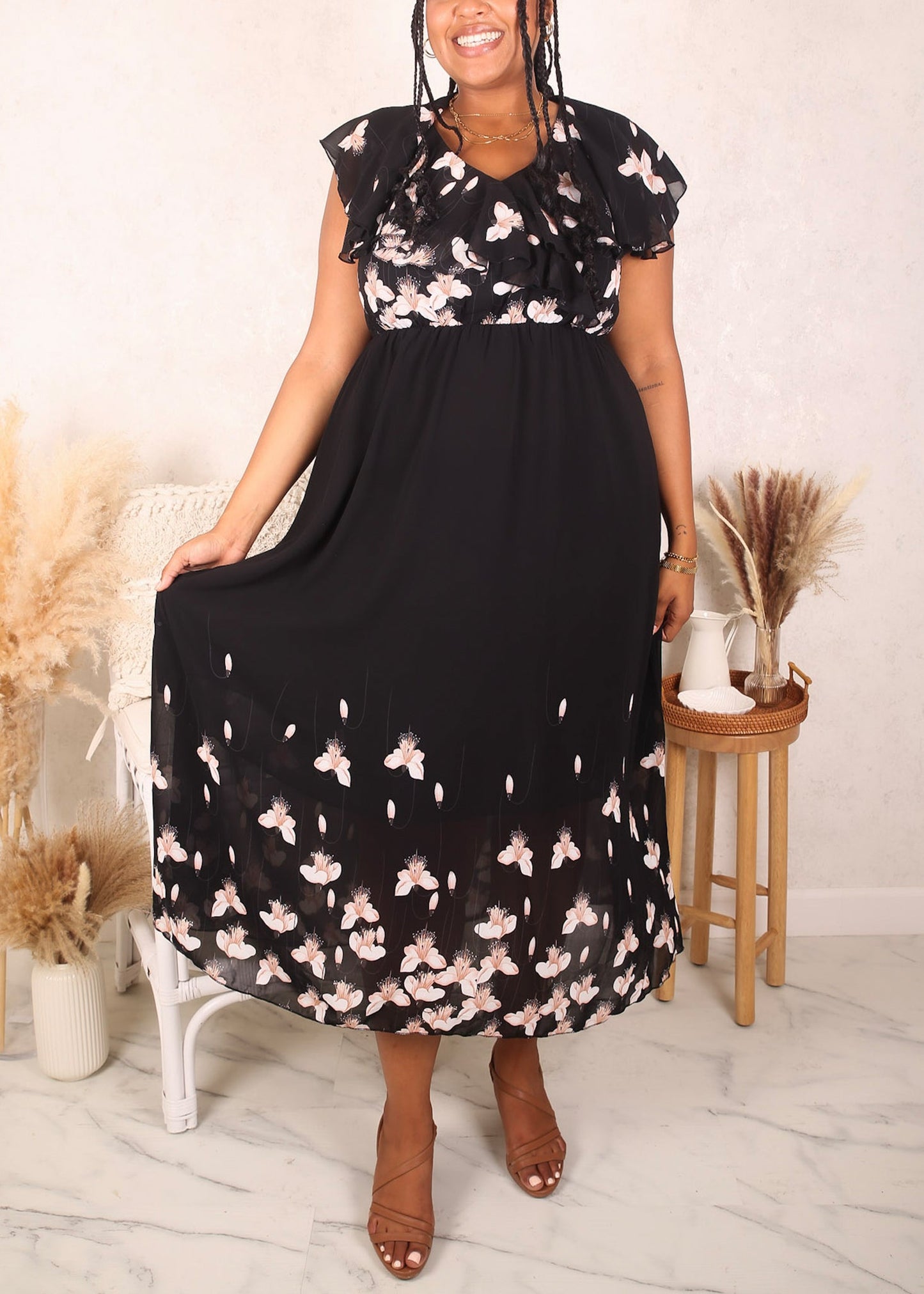 White Petals Floral Maxi Dress, Black