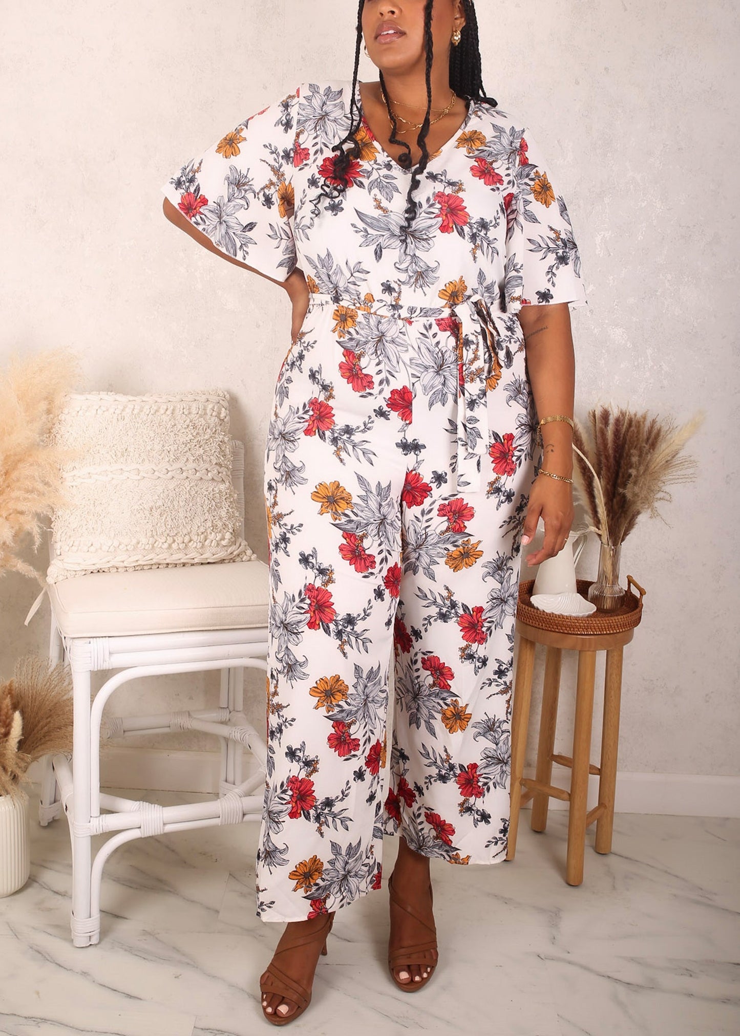 Plus Size Floral Print Jumpsuit, White