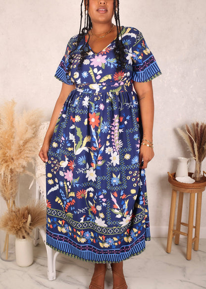 Plus Size Floral Print Maxi Dress, Blue