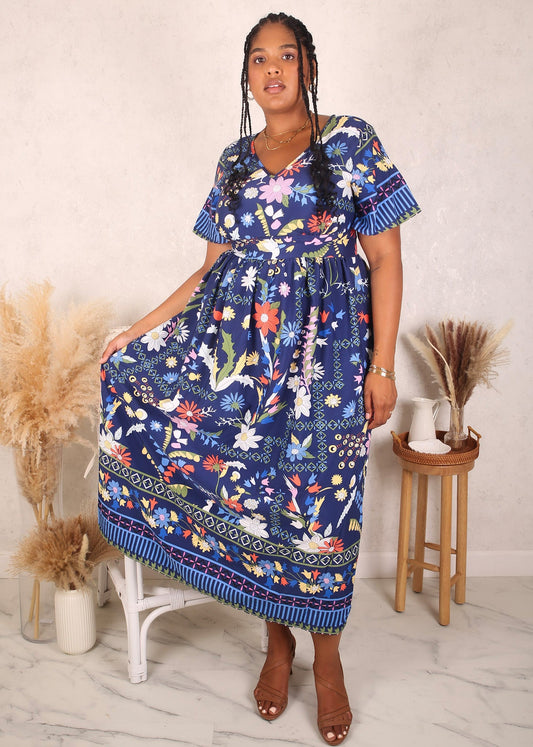 Plus Size Floral Print Maxi Dress, Blue