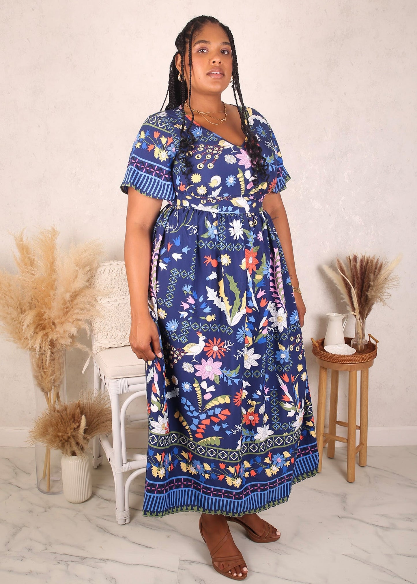 Plus Size Floral Print Maxi Dress, Blue