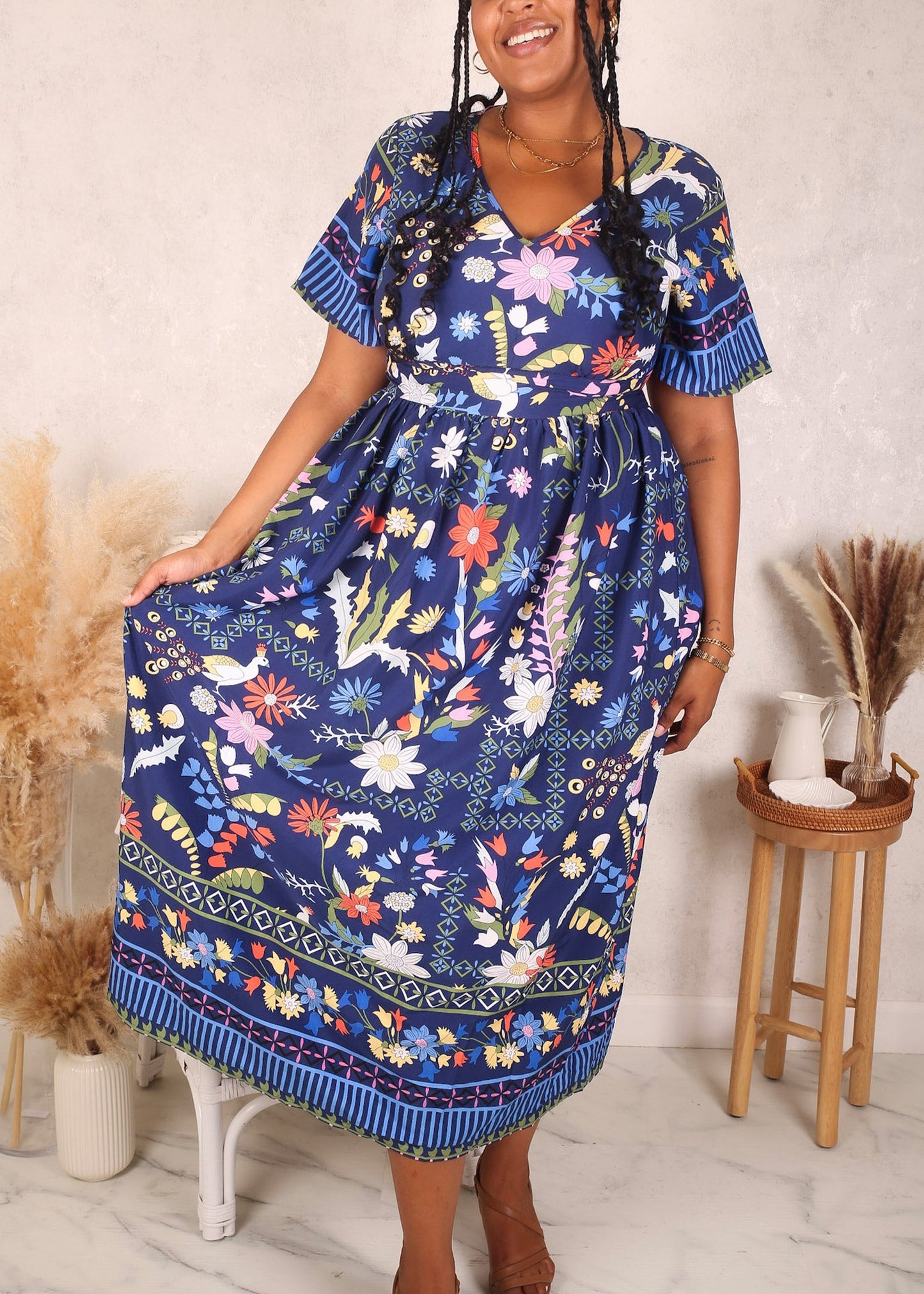 Plus Size Floral Print Maxi Dress, Blue