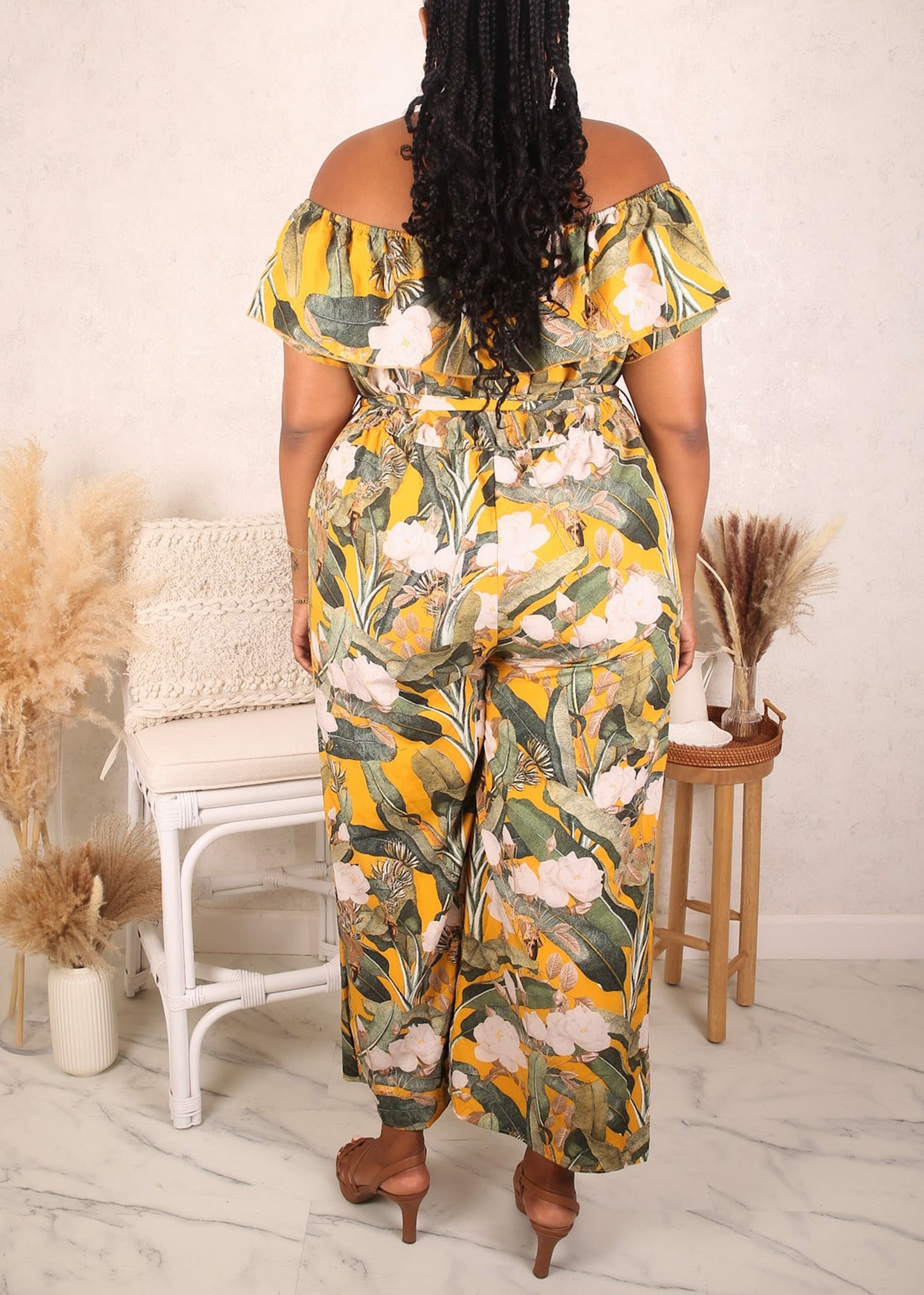 Plus Size Tropical Floral Jumpsuit, Yellow