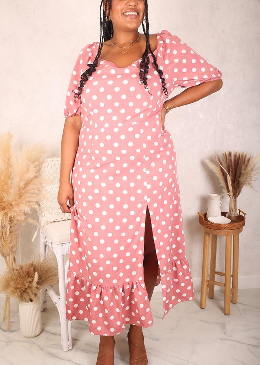 Plus Size Polka Dot Slit Dress, Pink