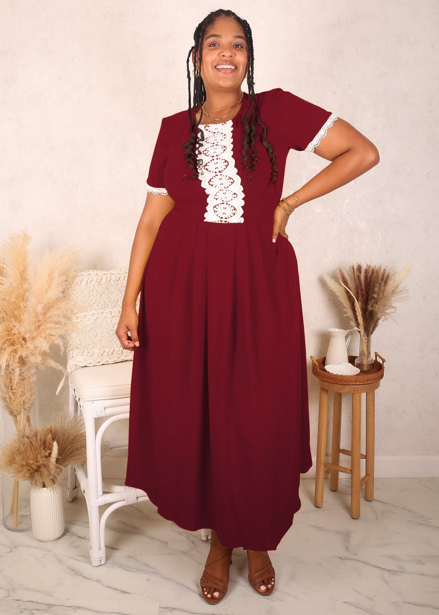 Plus Size Lace Trim Pleated Detail Dress, Burgundy