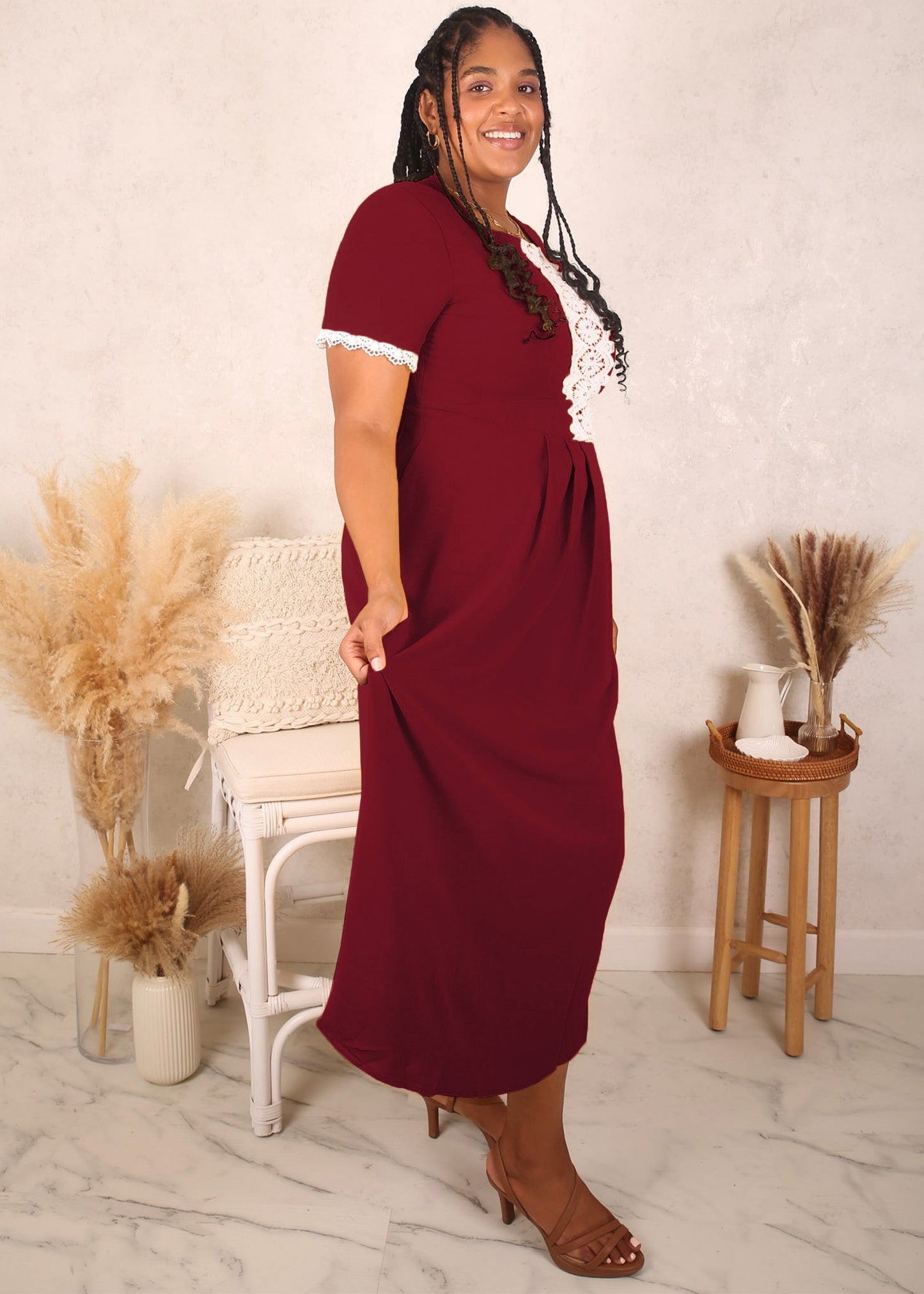 Plus Size Lace Trim Pleated Detail Dress, Burgundy