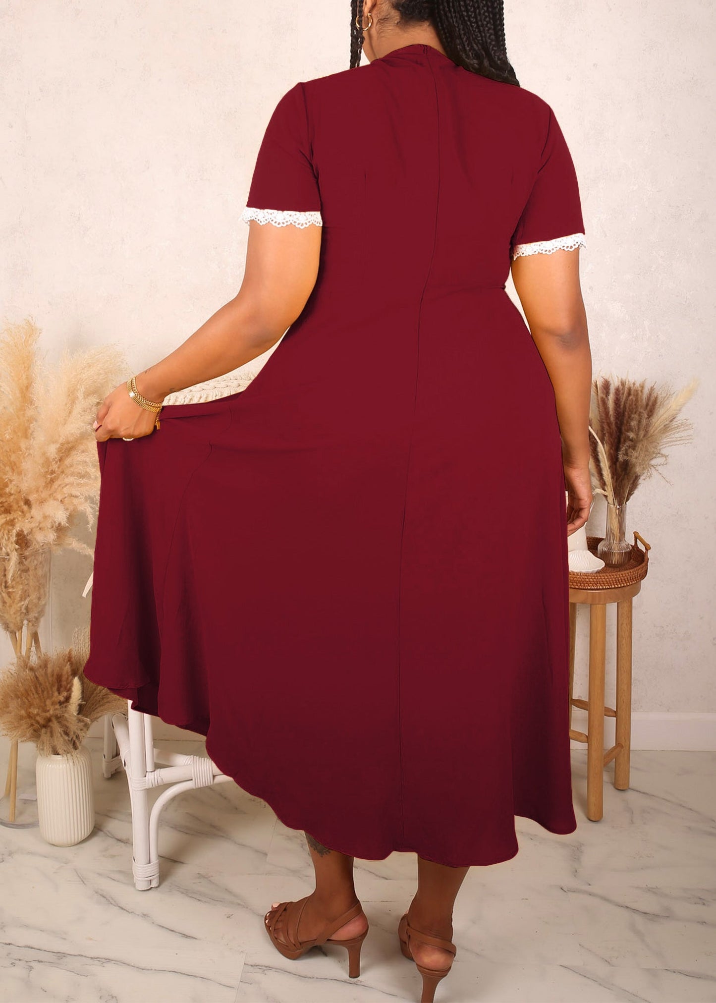 Plus Size Lace Trim Pleated Detail Dress, Burgundy