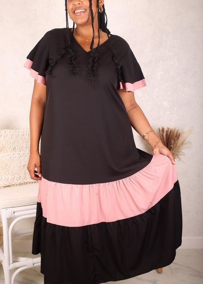 Plus Size Two Tone Tiered Sleeve Dress, Black