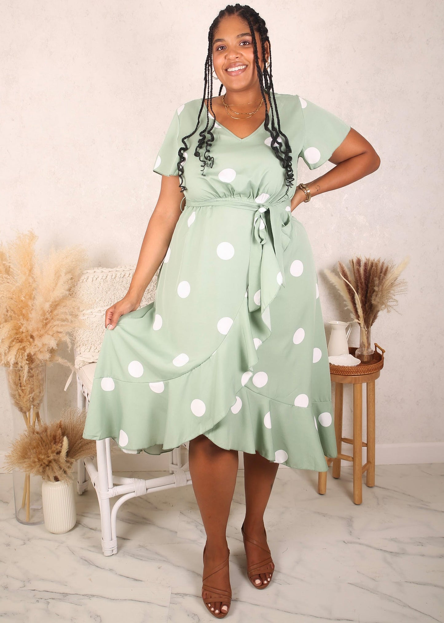 Plus Size Overlap Ruffle Hem Dress, Green