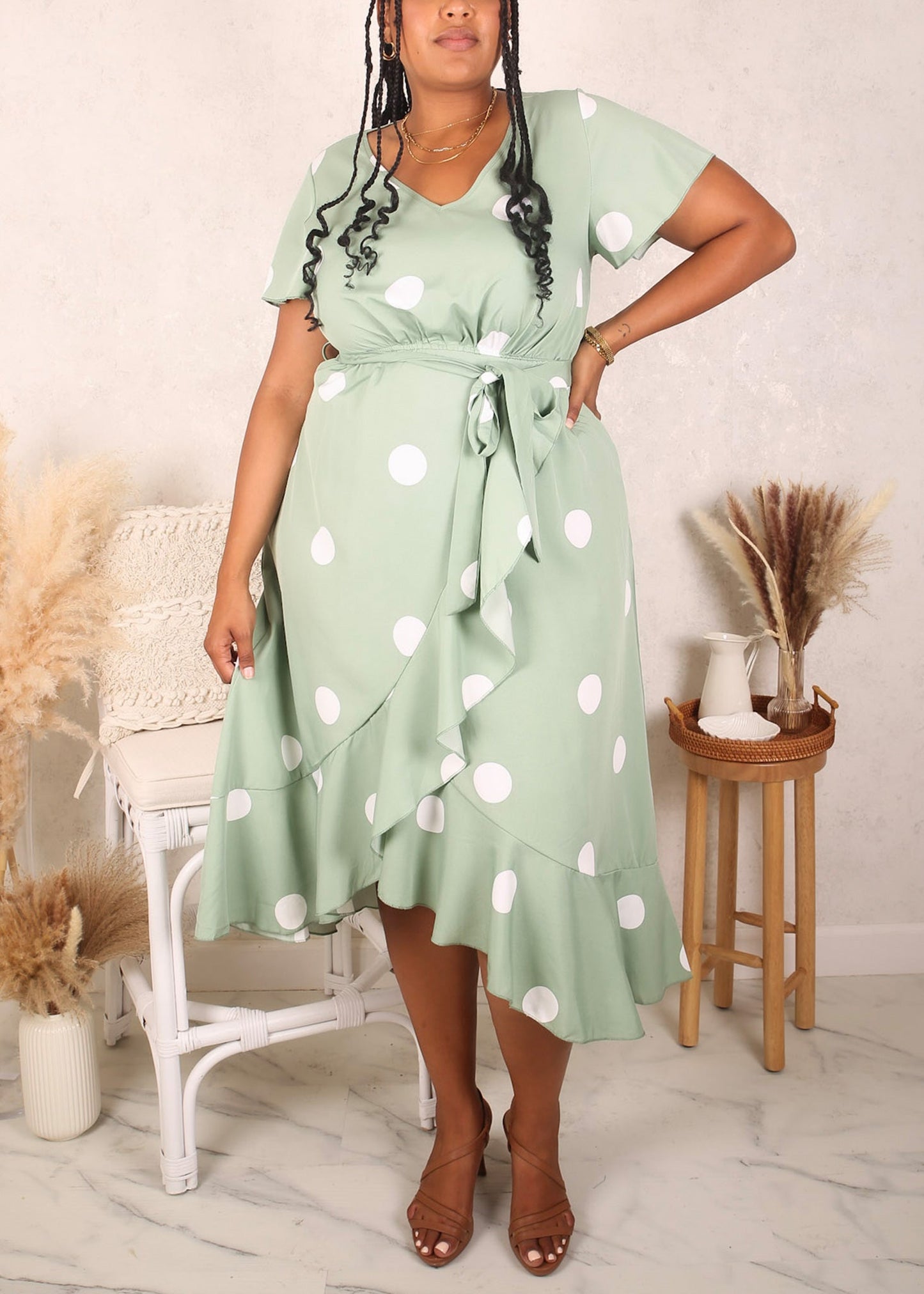 Plus Size Overlap Ruffle Hem Dress, Green