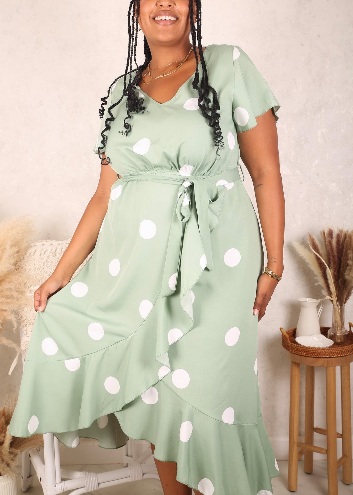 Plus Size Overlap Ruffle Hem Dress, Green