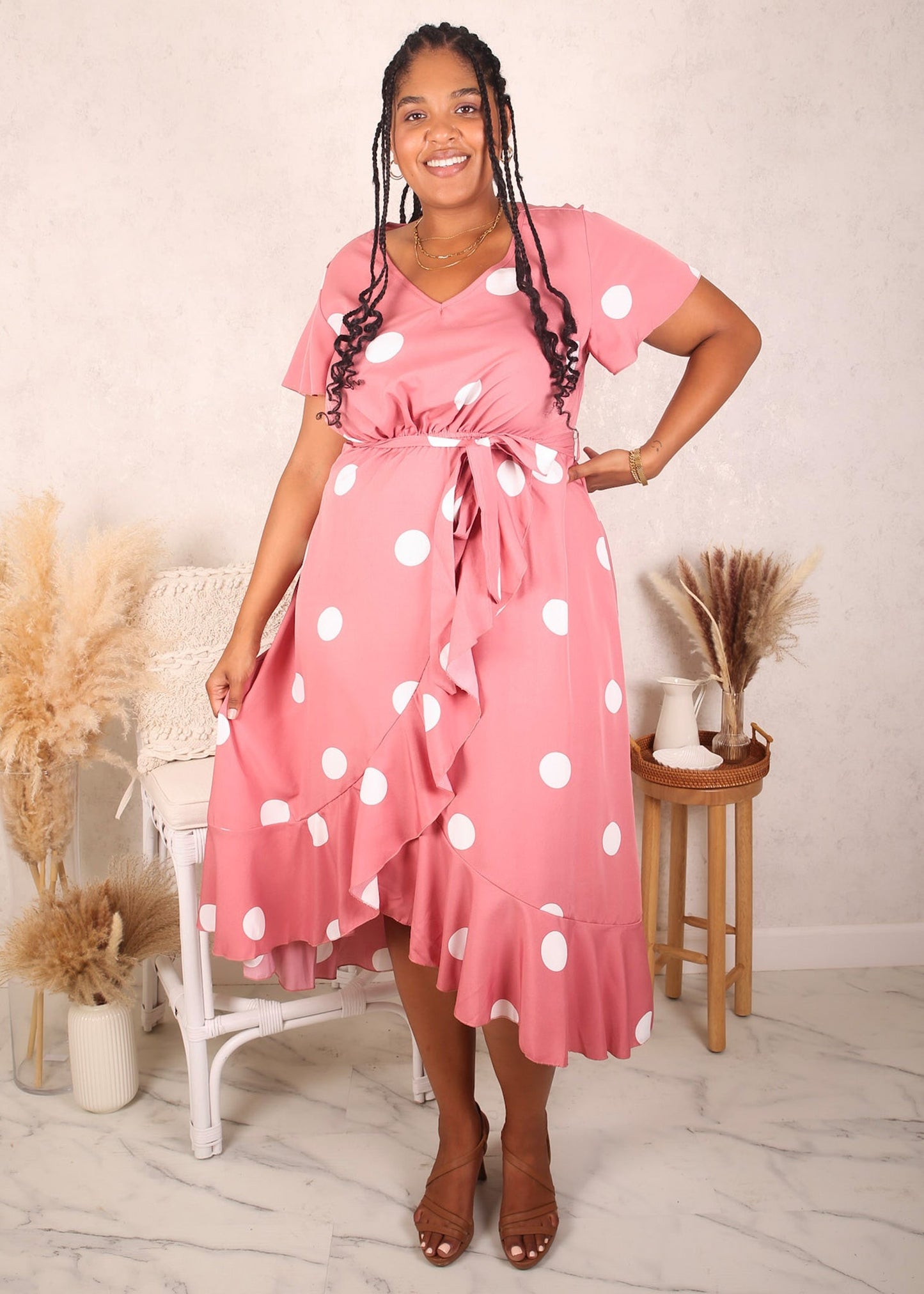 Plus Size Overlap Ruffle Hem Dress, Pink