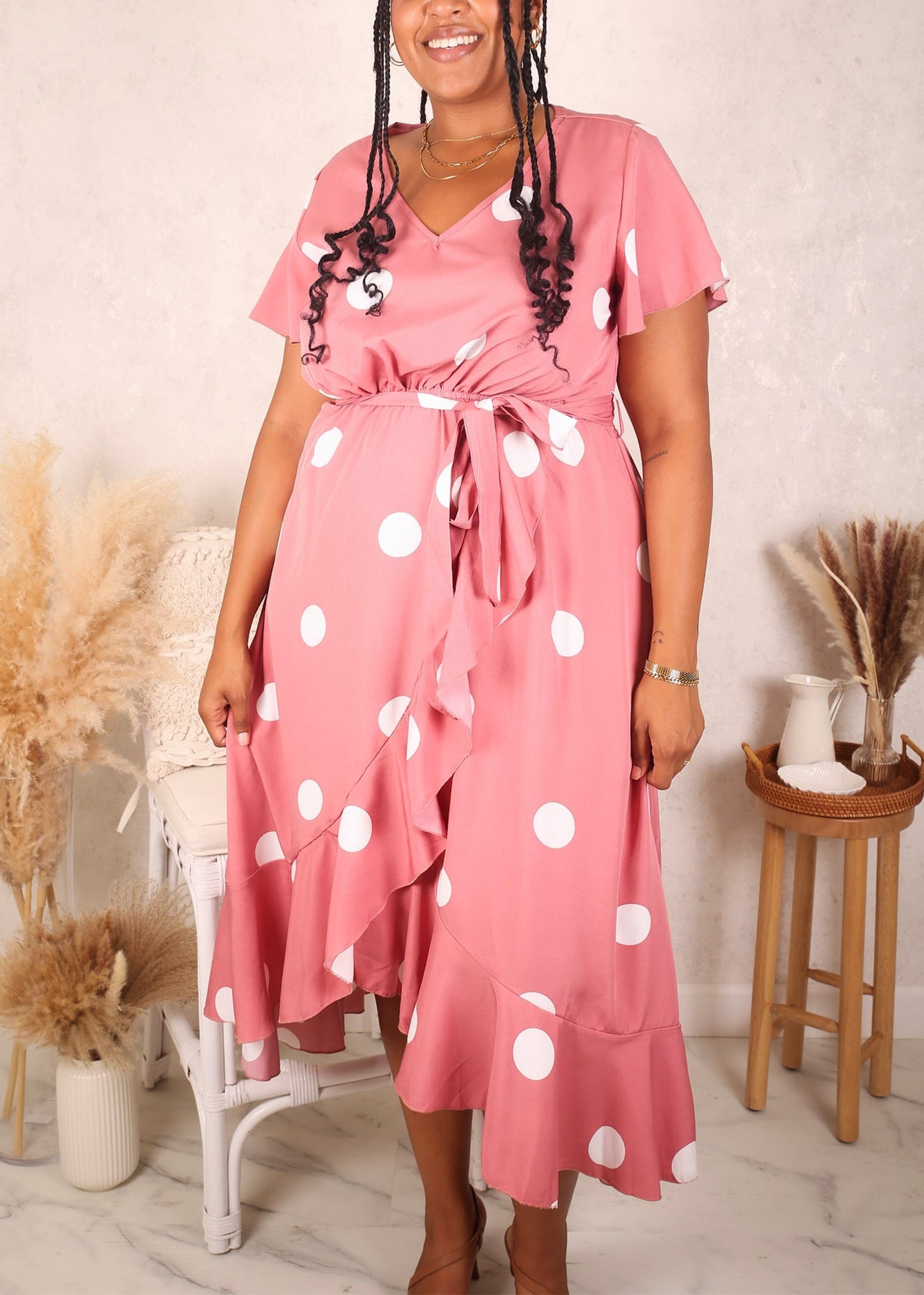 Plus Size Overlap Ruffle Hem Dress, Pink