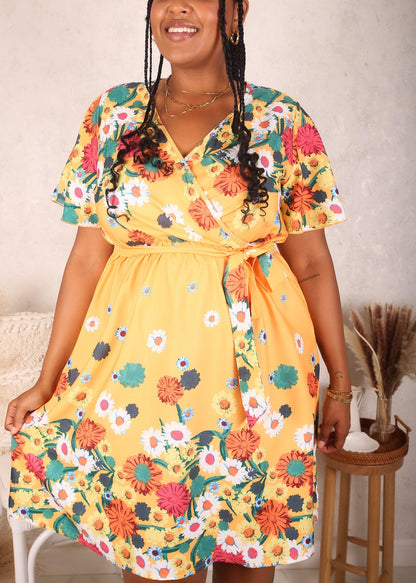 Plus Size Surplice Neck Floral Dress, Yellow