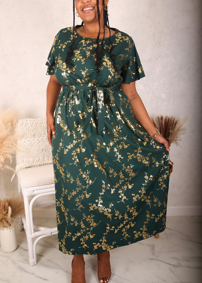 Plus Size Floral Short Sleeve Dress, Green