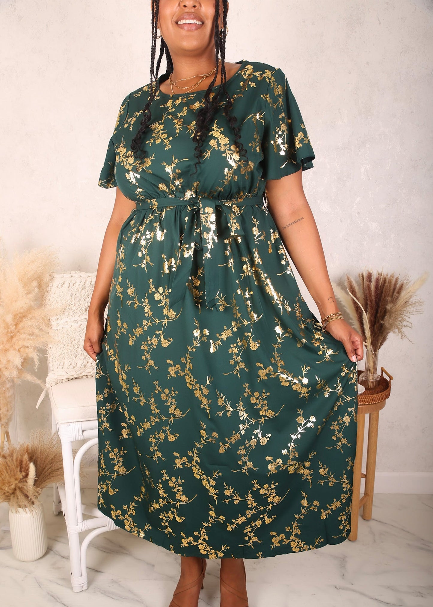 Plus Size Floral Short Sleeve Dress, Green