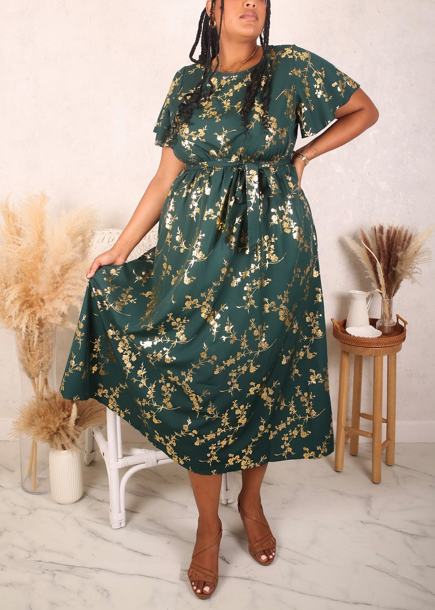 Plus Size Floral Short Sleeve Dress, Green