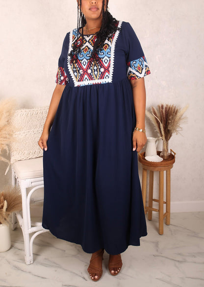 Plus Size Multicolor Geometric Pattern Detail Dress, Navy