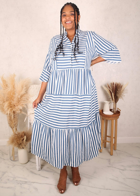 Plus Size Stand Collar Striped Dress, Blue