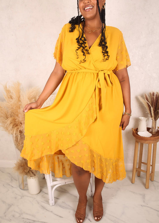 Plus Size Swiss Dot Mesh Detail Dress, Yellow