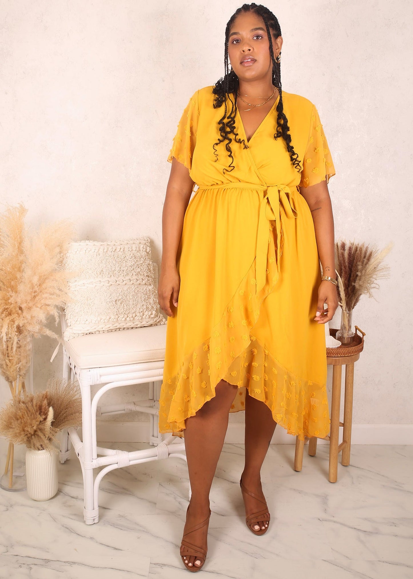 Plus Size Swiss Dot Mesh Detail Dress, Yellow