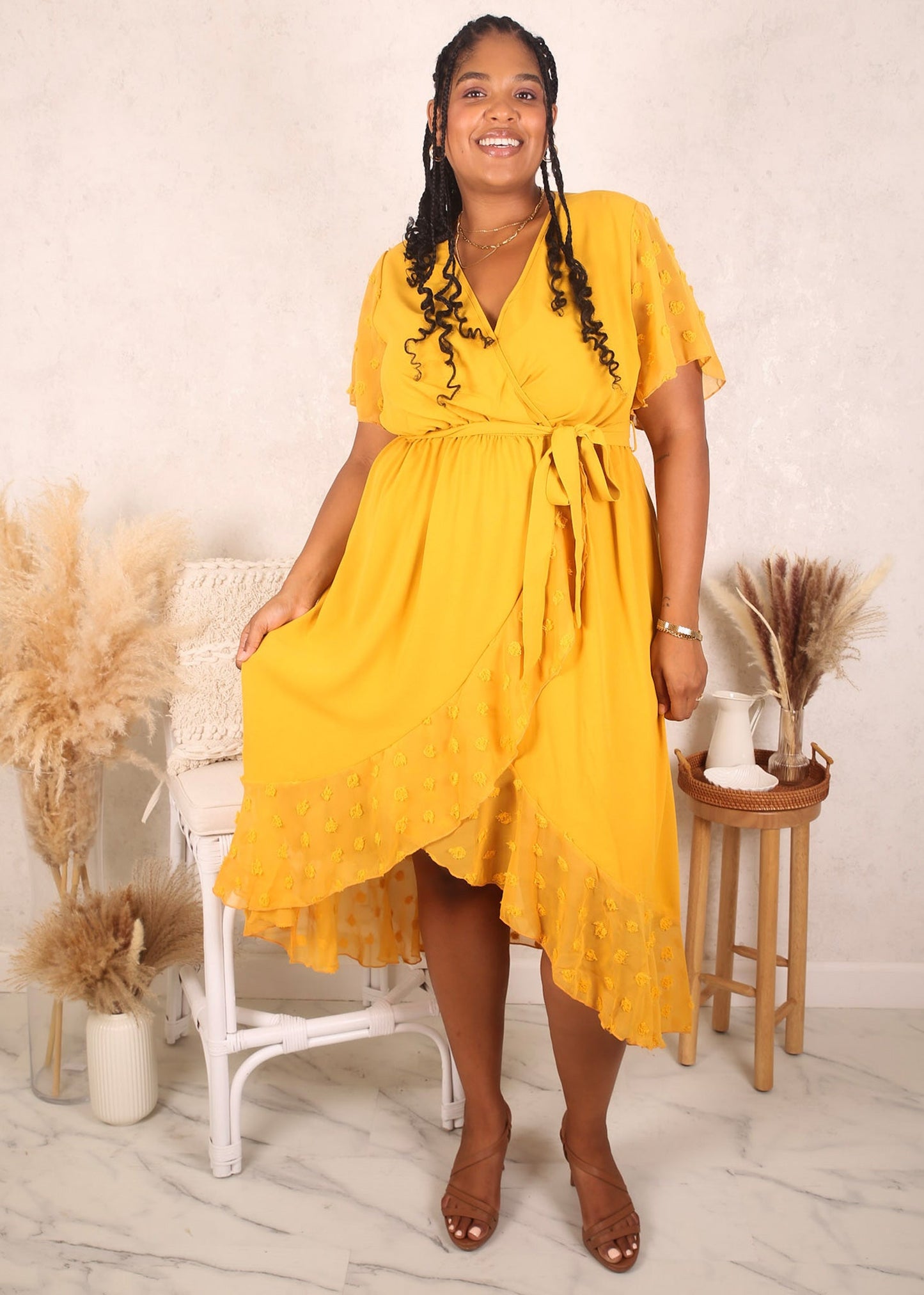 Plus Size Swiss Dot Mesh Detail Dress, Yellow